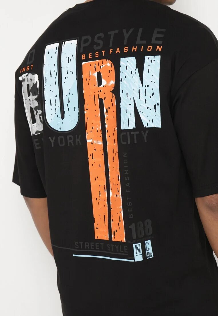  Tricou Negru De Bumbac cu Mânecă Scurtă și Imprimeuri Decorative pe Spate și pe Față Azariel