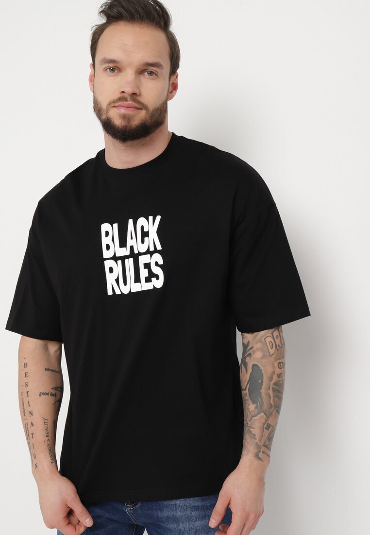  Tricou Negru din bumbac cu Imprimeu pe Ambele Părți Daven
