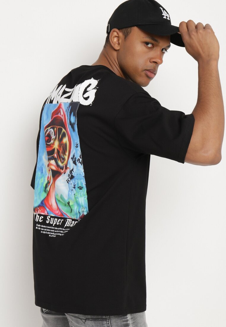  Tricou Negru Oversize din Bumbac cu Imprimeu în Față și pe Spate Mannesha