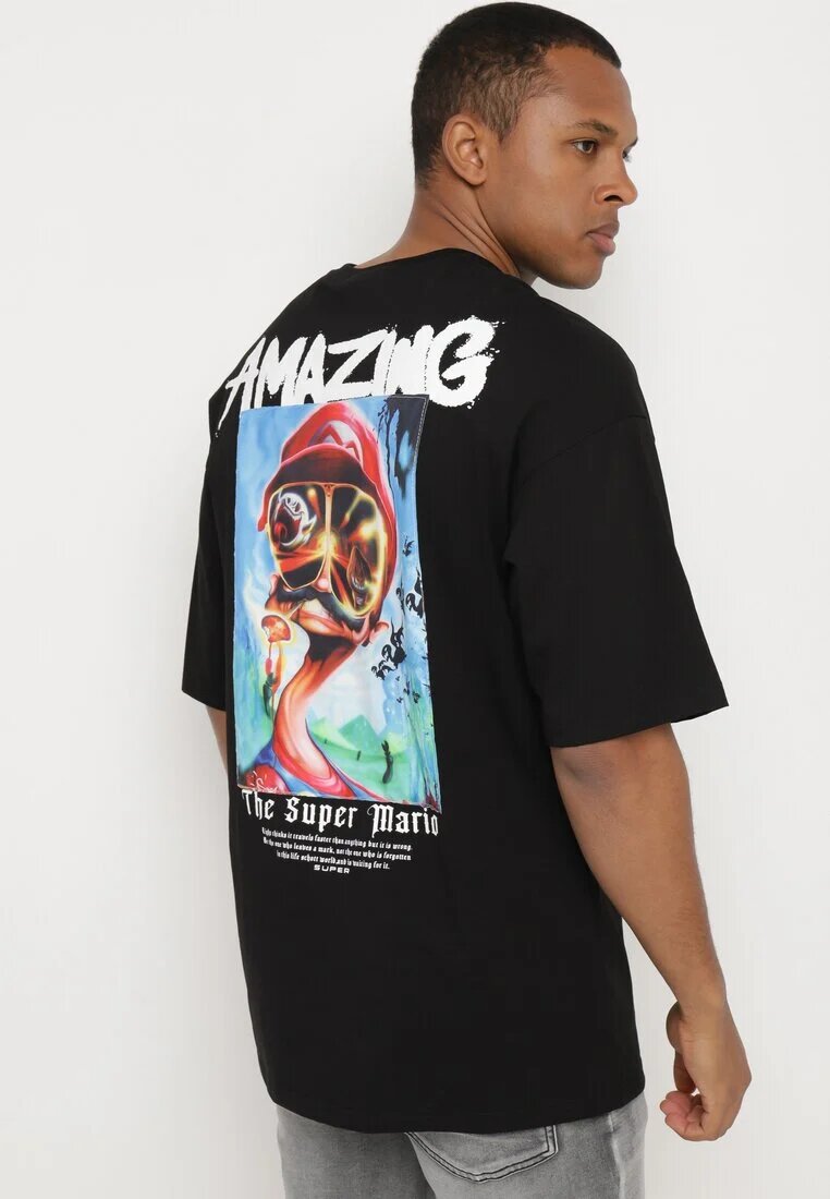 Tricou Negru Oversize din Bumbac cu Imprimeu în Față și pe Spate Mannesha