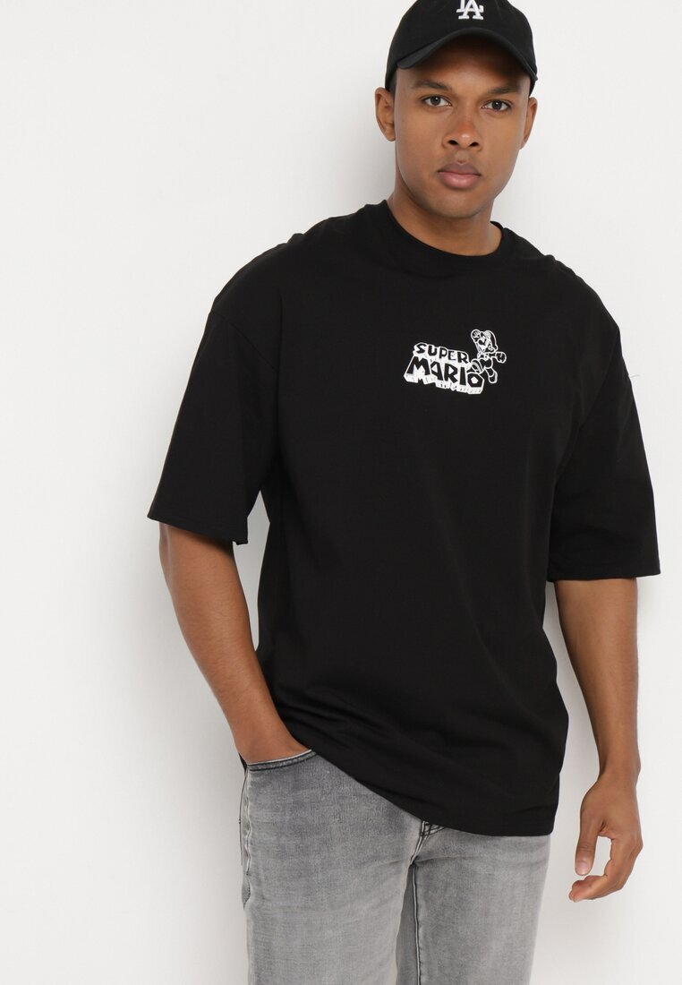  Tricou Negru Oversize din Bumbac cu Imprimeu în Față și pe Spate Mannesha