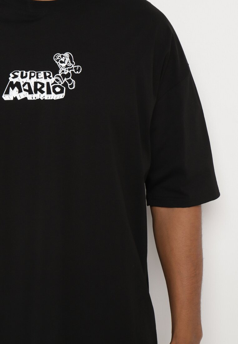  Tricou Negru Oversize din Bumbac cu Imprimeu în Față și pe Spate Mannesha