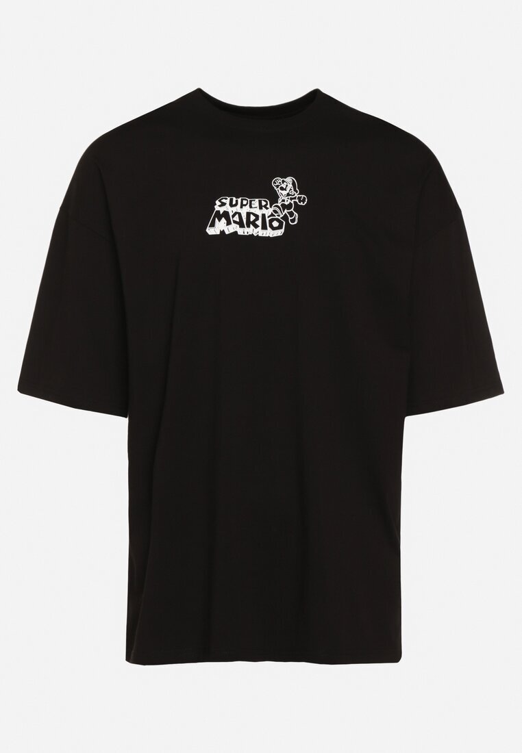  Tricou Negru Oversize din Bumbac cu Imprimeu în Față și pe Spate Mannesha