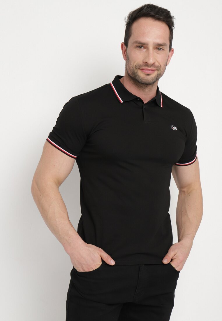  Tricou Polo Negru de Bumbac cu Mânecă Scurtă și Guler Decorat cu Dungi Vinneli