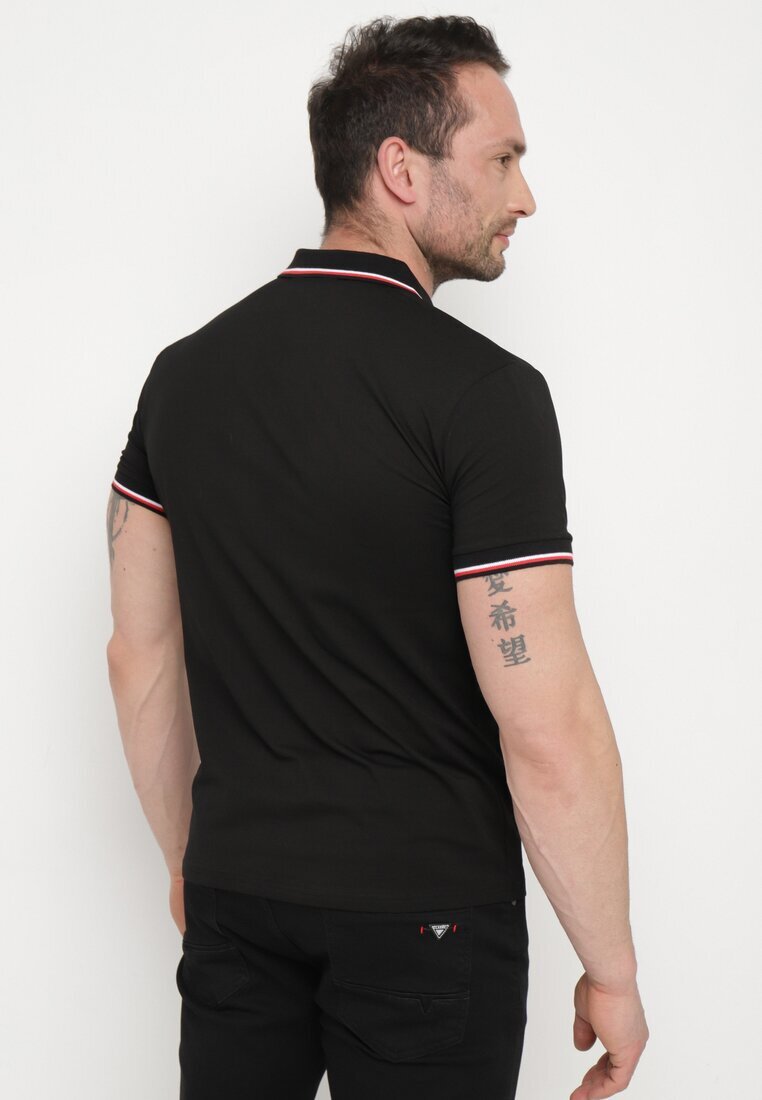 Tricou Polo Negru de Bumbac cu Mânecă Scurtă și Guler Decorat cu Dungi Vinneli