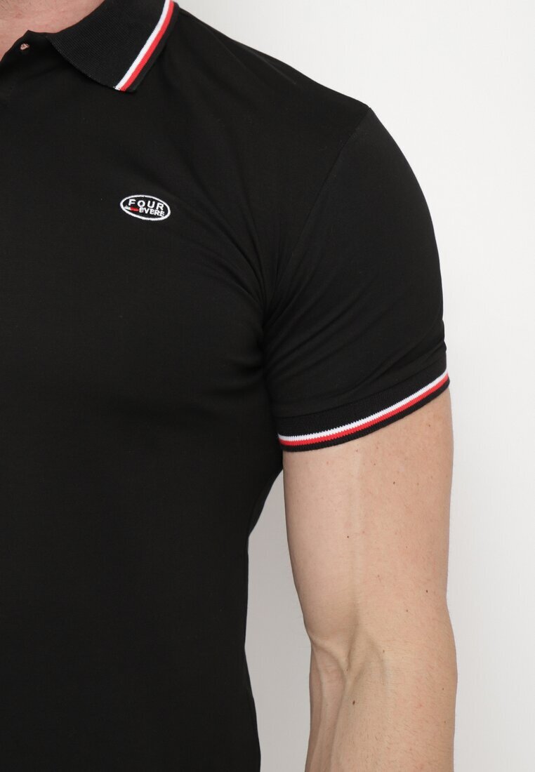  Tricou Polo Negru de Bumbac cu Mânecă Scurtă și Guler Decorat cu Dungi Vinneli