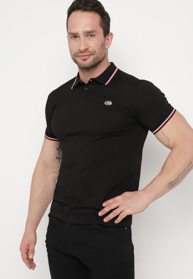  Tricou Polo Negru de Bumbac cu Mânecă Scurtă și Guler Decorat cu Dungi Vinneli