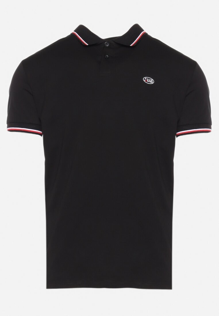  Tricou Polo Negru de Bumbac cu Mânecă Scurtă și Guler Decorat cu Dungi Vinneli