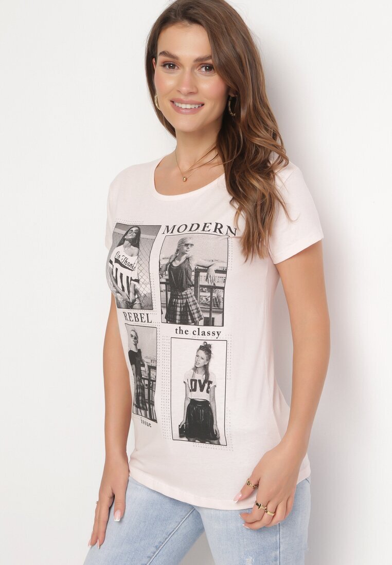  Tricou roz deschis din bumbac cu imprimeu și sclipici Kruita