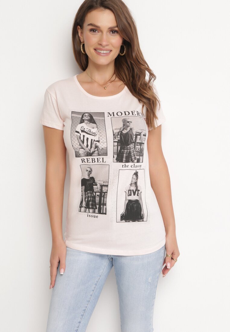  Tricou roz deschis din bumbac cu imprimeu și sclipici Kruita