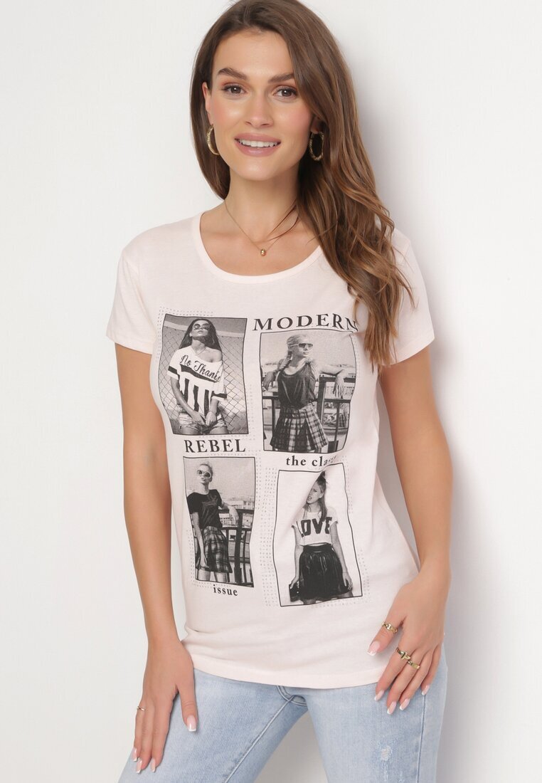 Tricou roz deschis din bumbac cu imprimeu și sclipici Kruita