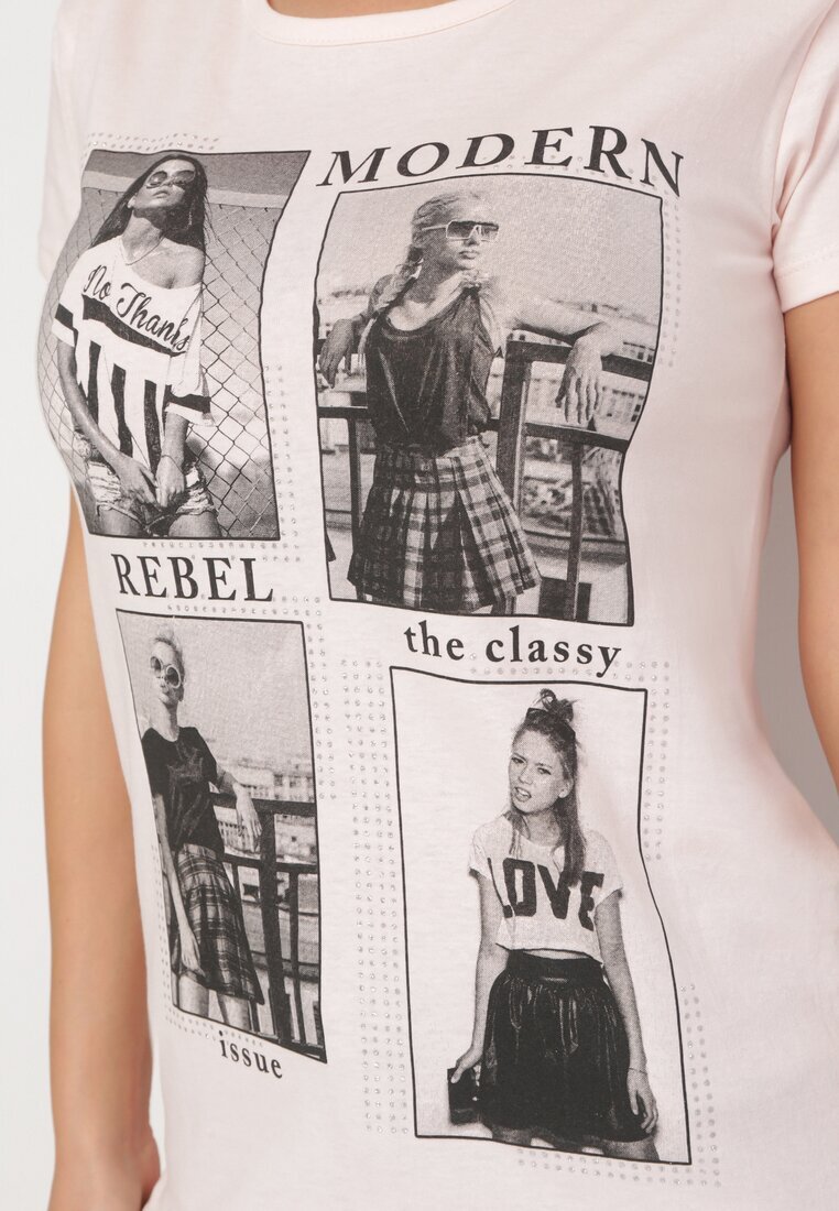  Tricou roz deschis din bumbac cu imprimeu și sclipici Kruita