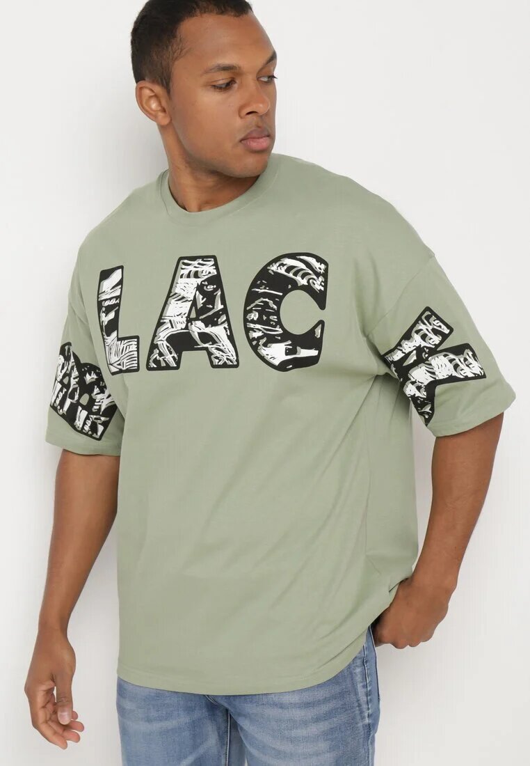  Tricou Verde Deschis din Bumbac cu Imprimeu Decorativ Sanestia