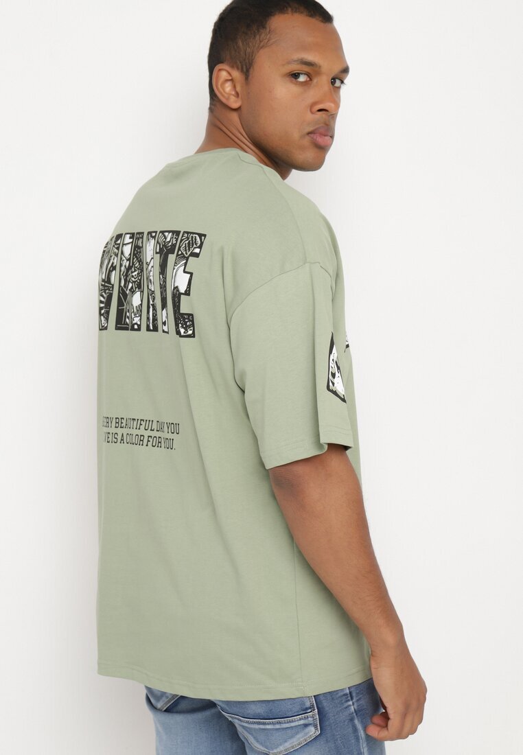  Tricou Verde Deschis din Bumbac cu Imprimeu Decorativ Sanestia