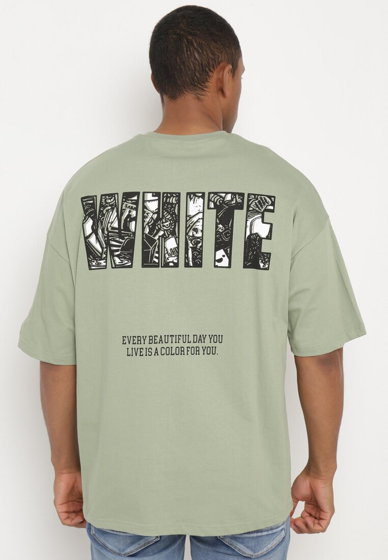  Tricou Verde Deschis din Bumbac cu Imprimeu Decorativ Sanestia