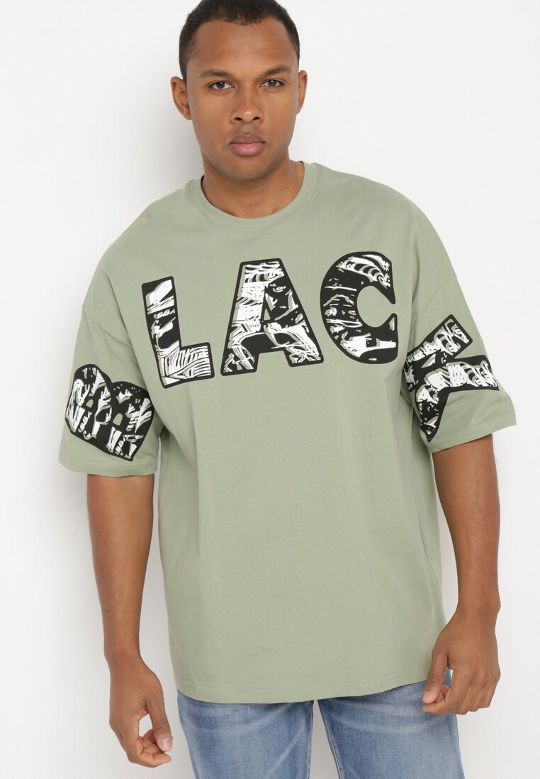  Tricou Verde Deschis din Bumbac cu Imprimeu Decorativ Sanestia