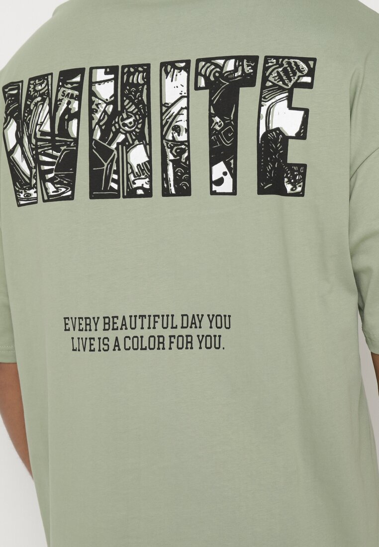  Tricou Verde Deschis din Bumbac cu Imprimeu Decorativ Sanestia