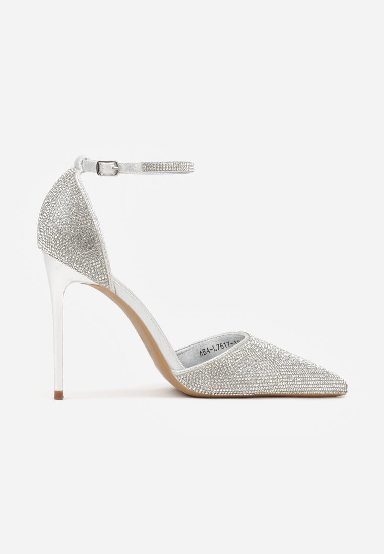 tulipano Pantofi Stiletto Argintii cu Baretă în jurul Gleznei și cu Decorație din Zirconiu Anwedela