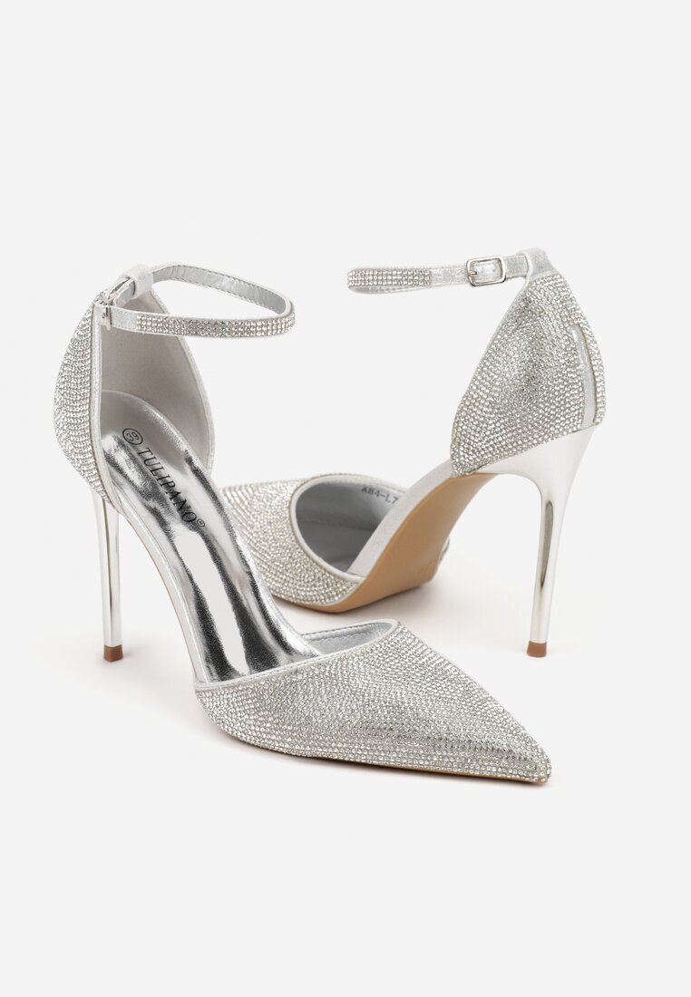 tulipano Pantofi Stiletto Argintii cu Baretă în jurul Gleznei și cu Decorație din Zirconiu Anwedela