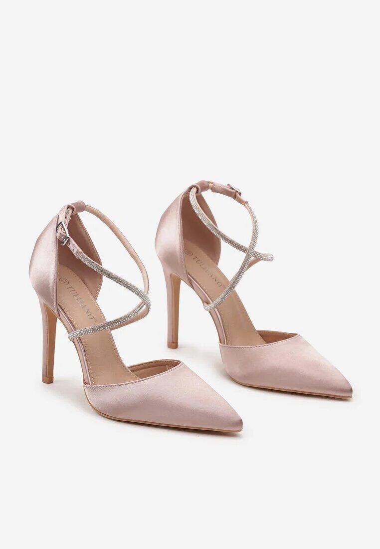 tulipano Pantofi stiletto șampanie din satin cu vârful ascuțit și barete cu zirconii Ulanite