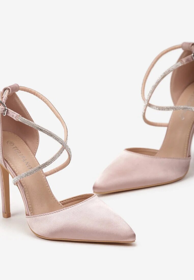 tulipano Pantofi stiletto șampanie din satin cu vârful ascuțit și barete cu zirconii Ulanite