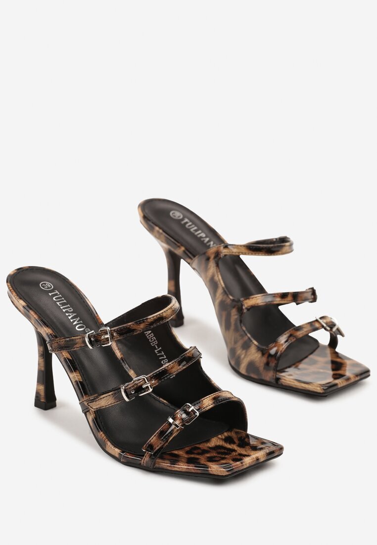 tulipano Papuci leopard cu toc stiletto cu vârf pătrat și barete decorative Bannolia