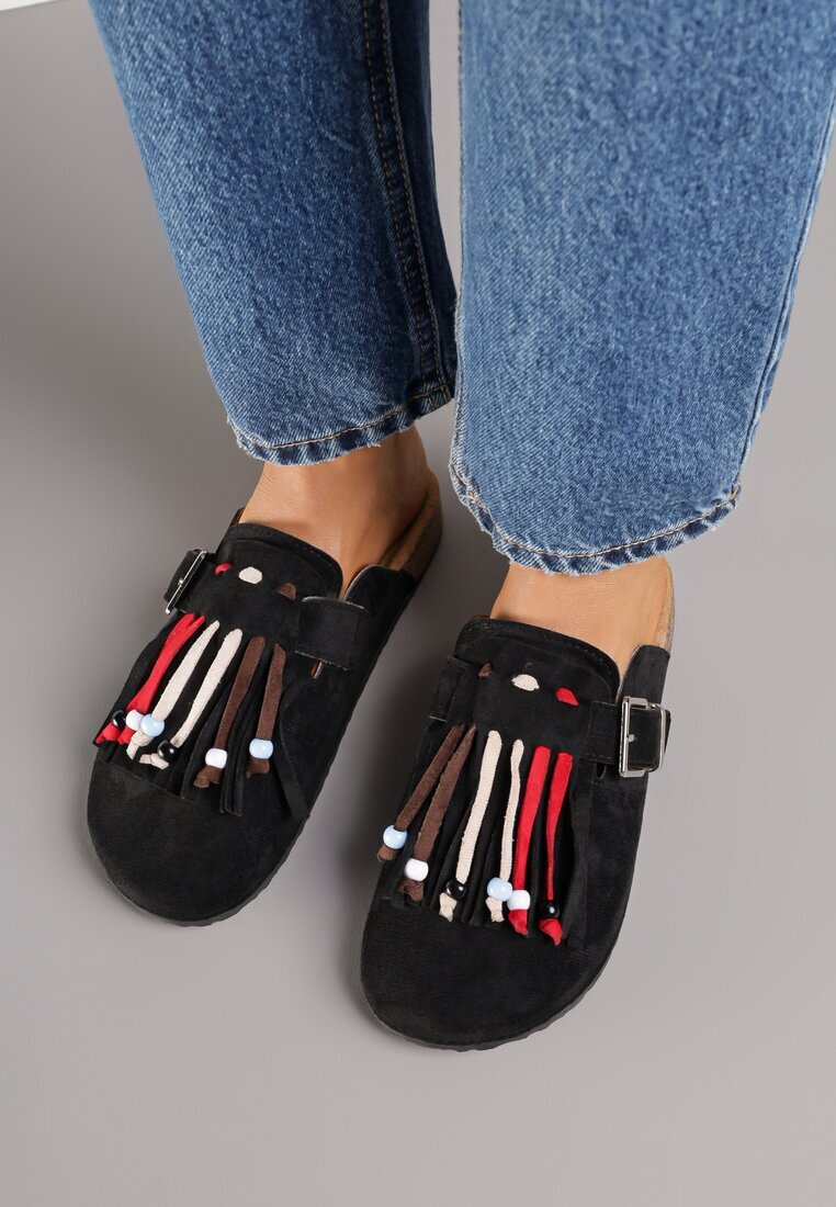 tulipano Papuci Mule Negri în Stil Boho cu Ciucuri Decorativi Varre