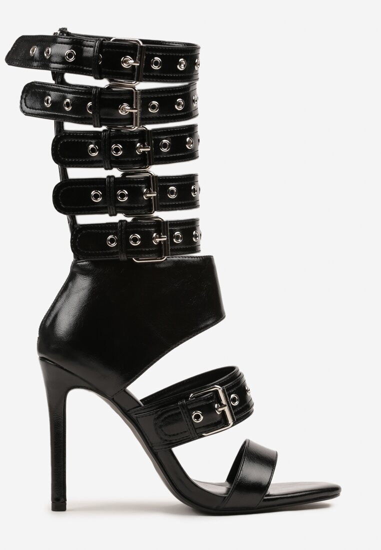tulipano Sandale Botine Negre pe Toc Stiletto cu Curele Decorative cu Catarame Idavella