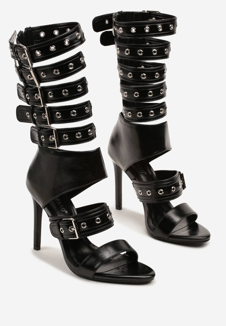tulipano Sandale Botine Negre pe Toc Stiletto cu Curele Decorative cu Catarame Idavella
