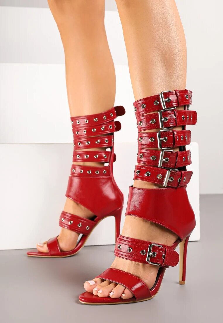 tulipano Sandale Botine Roșii cu toc stiletto cu curele decorative cu catarame Idavella