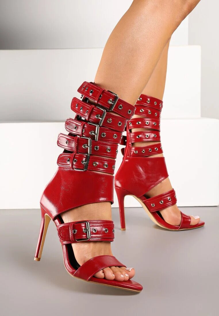 tulipano Sandale Botine Roșii cu toc stiletto cu curele decorative cu catarame Idavella