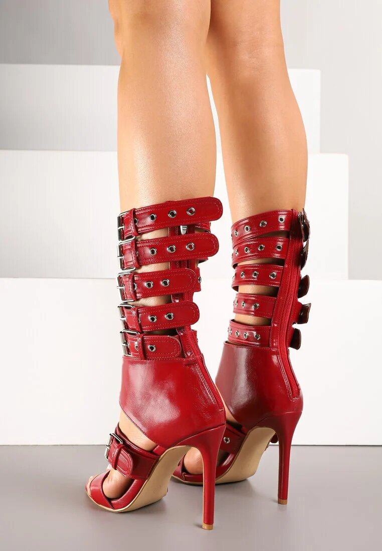 tulipano Sandale Botine Roșii cu toc stiletto cu curele decorative cu catarame Idavella