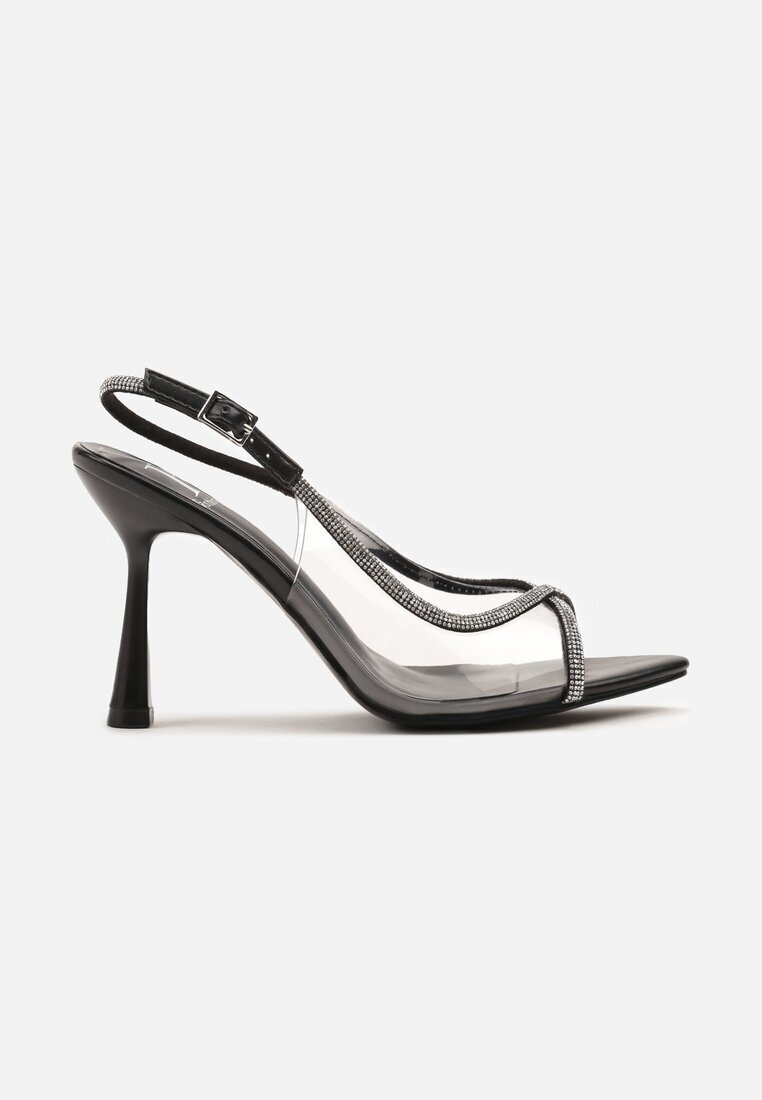 tulipano Sandale Negre Transparente cu Toc Tip Clepsidra Decorate cu Zirconii Elotia