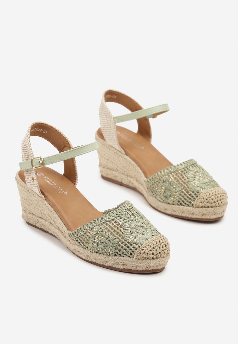 tulipano Sandale Verzi Ajurate în stil Boho cu pană din împletitură Tenalisea