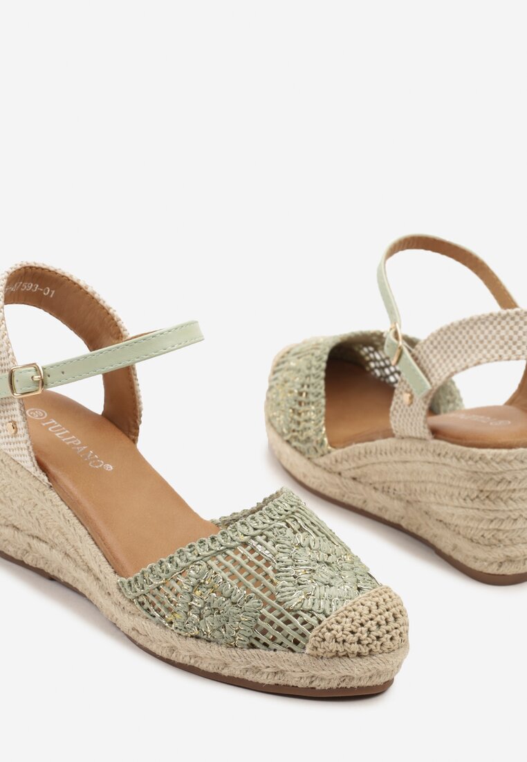 tulipano Sandale Verzi Ajurate în stil Boho cu pană din împletitură Tenalisea