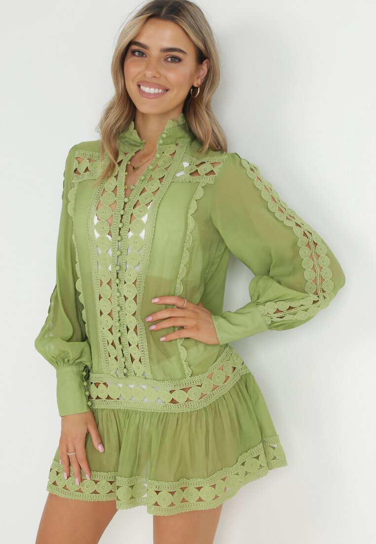  Tunică Verde Tip cutie cu Dantelă și Mânecă Lungă Ahrar