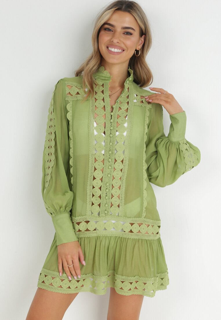  Tunică Verde Tip cutie cu Dantelă și Mânecă Lungă Ahrar