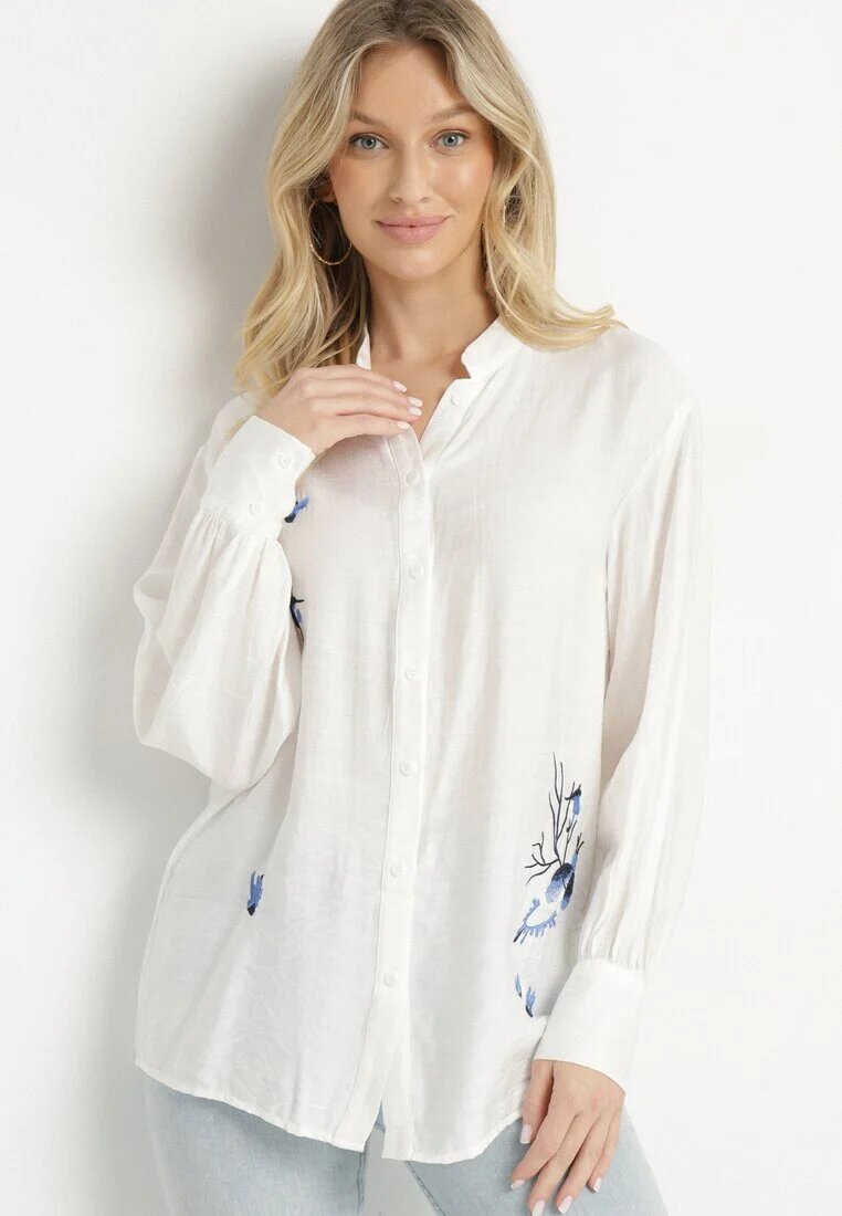 unigirl Cămașă Albă din Viscoză cu Croială Clasică Decorată cu Broderie Korilene