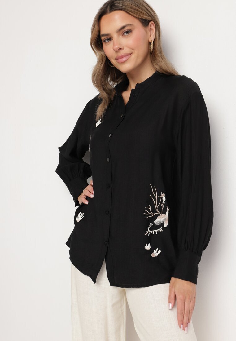 unigirl Cămașă Neagră cu viscoză cu croială clasică Decorată cu broderie Korilene