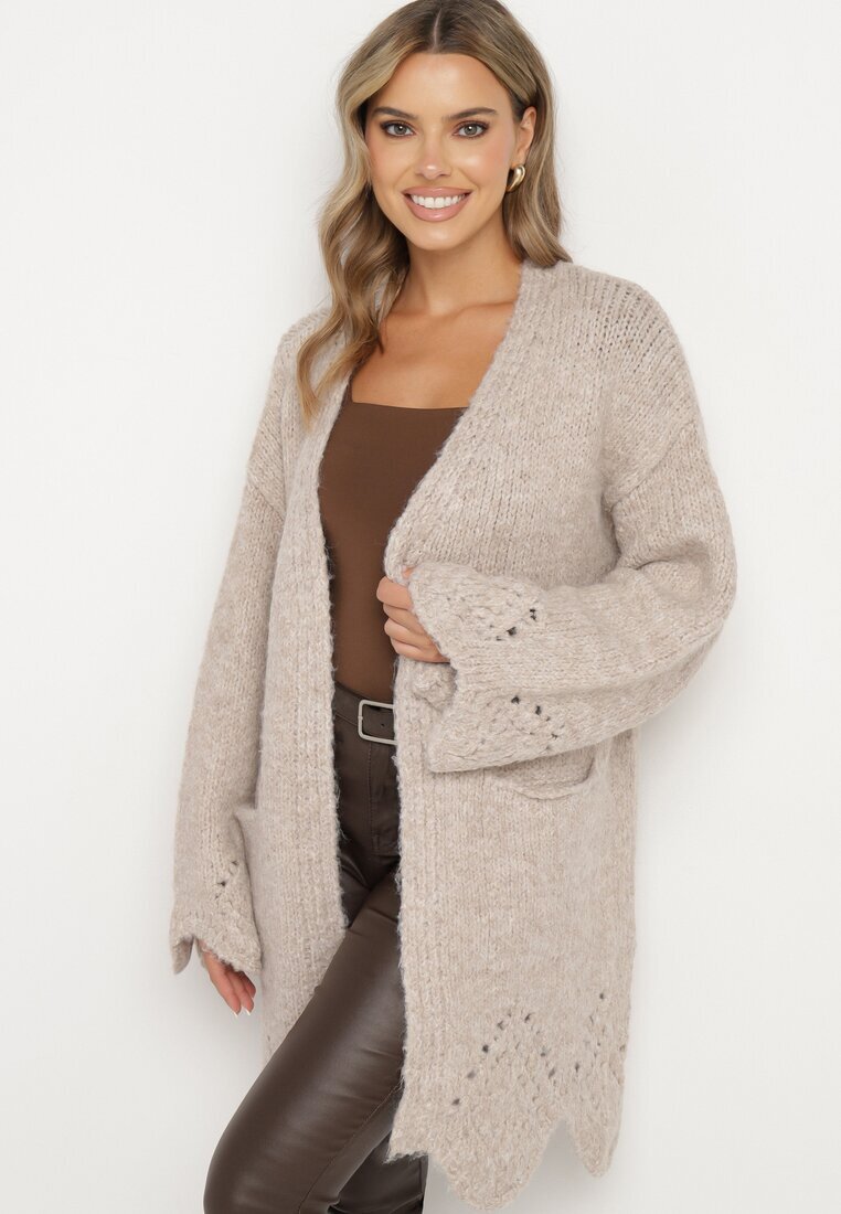 unigirl Cardigan Bej cu adaos de lână decorat cu model ajur și buzunare laterale Ellindral