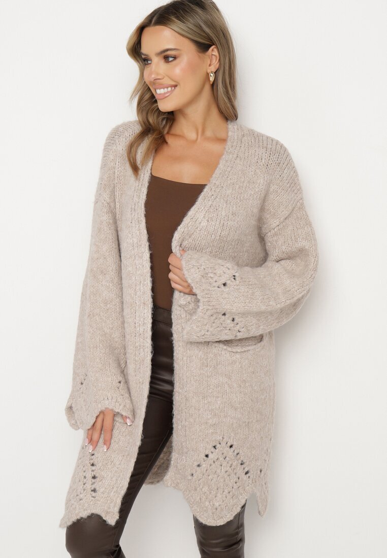 unigirl Cardigan Bej cu adaos de lână decorat cu model ajur și buzunare laterale Ellindral