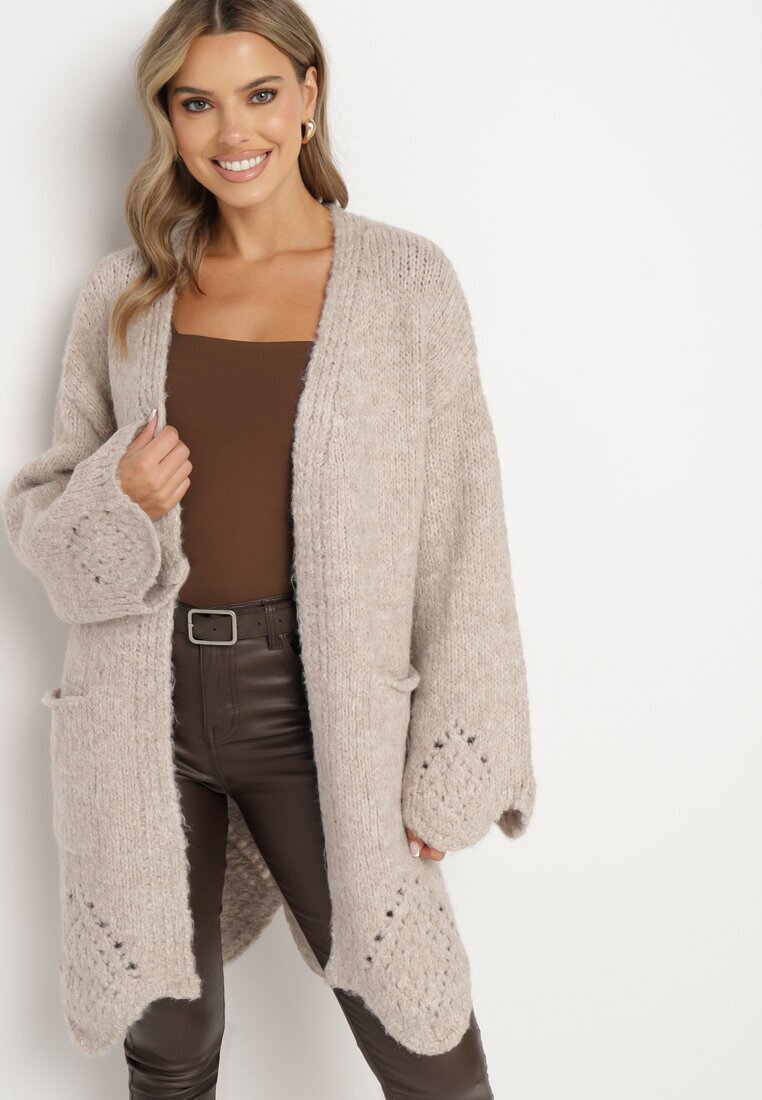 unigirl Cardigan Bej cu adaos de lână decorat cu model ajur și buzunare laterale Ellindral
