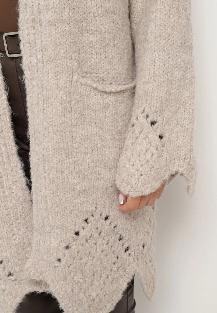 unigirl Cardigan Bej cu adaos de lână decorat cu model ajur și buzunare laterale Ellindral