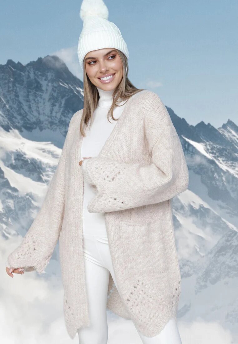 unigirl Cardigan bej deschis cu adaos de lână decorat cu model ajurat și buzunare înserate Ellindral