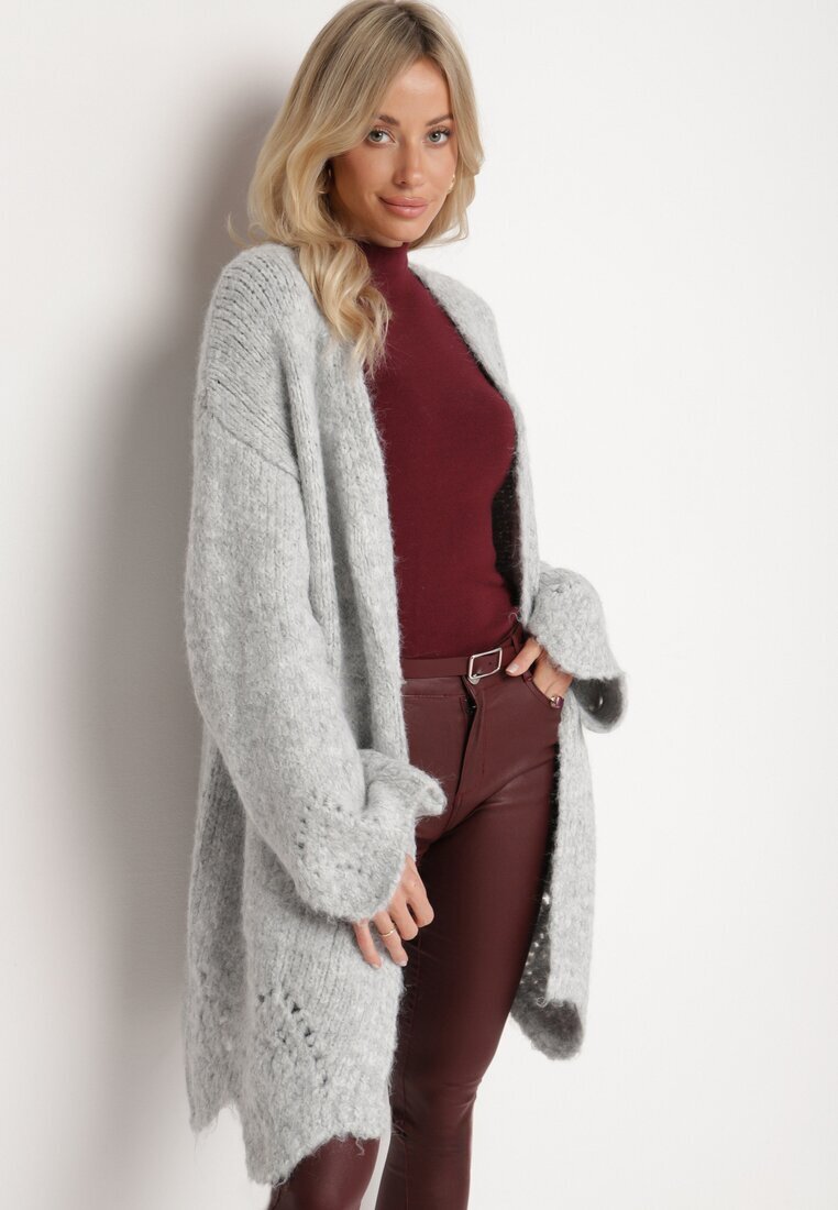 unigirl Cardigan Gri cu Conținut de Lână Decorat cu Model Ajurat și Buzunare Laterale Ellindral