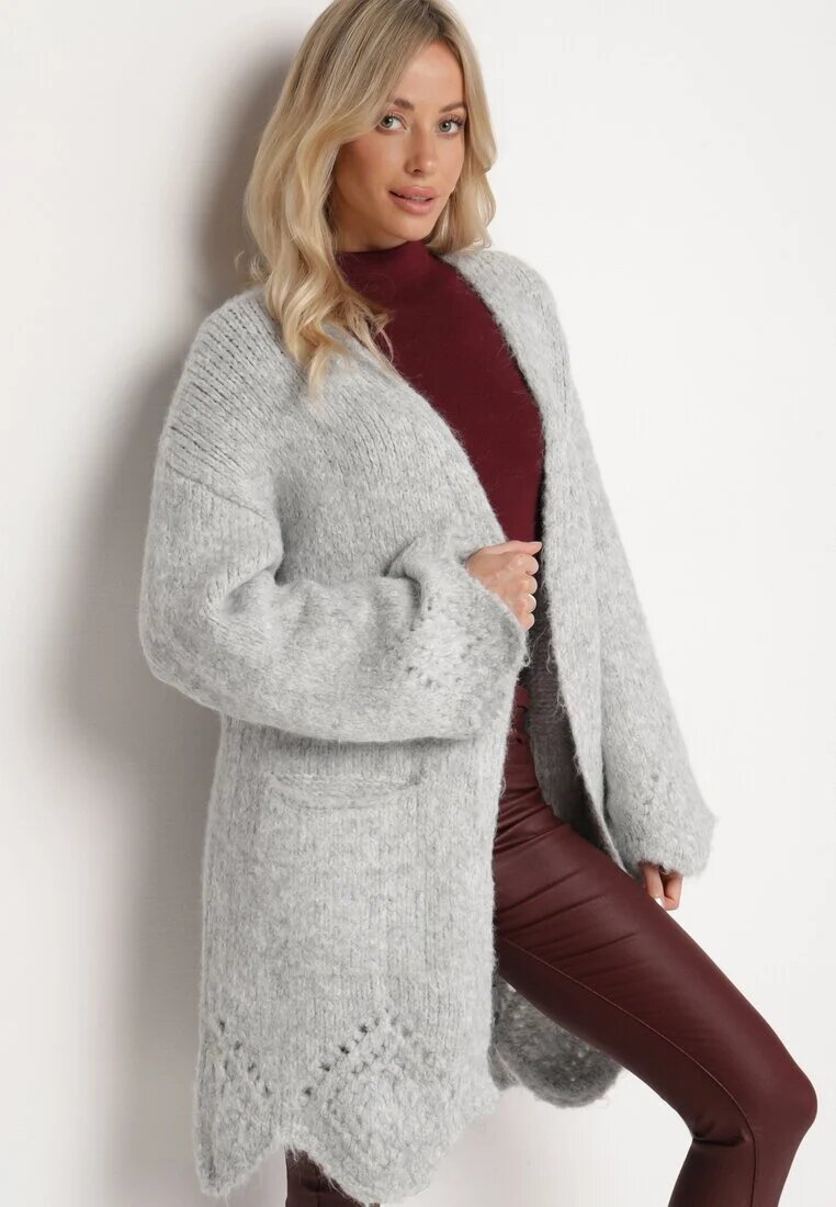 unigirl Cardigan Gri cu Conținut de Lână Decorat cu Model Ajurat și Buzunare Laterale Ellindral