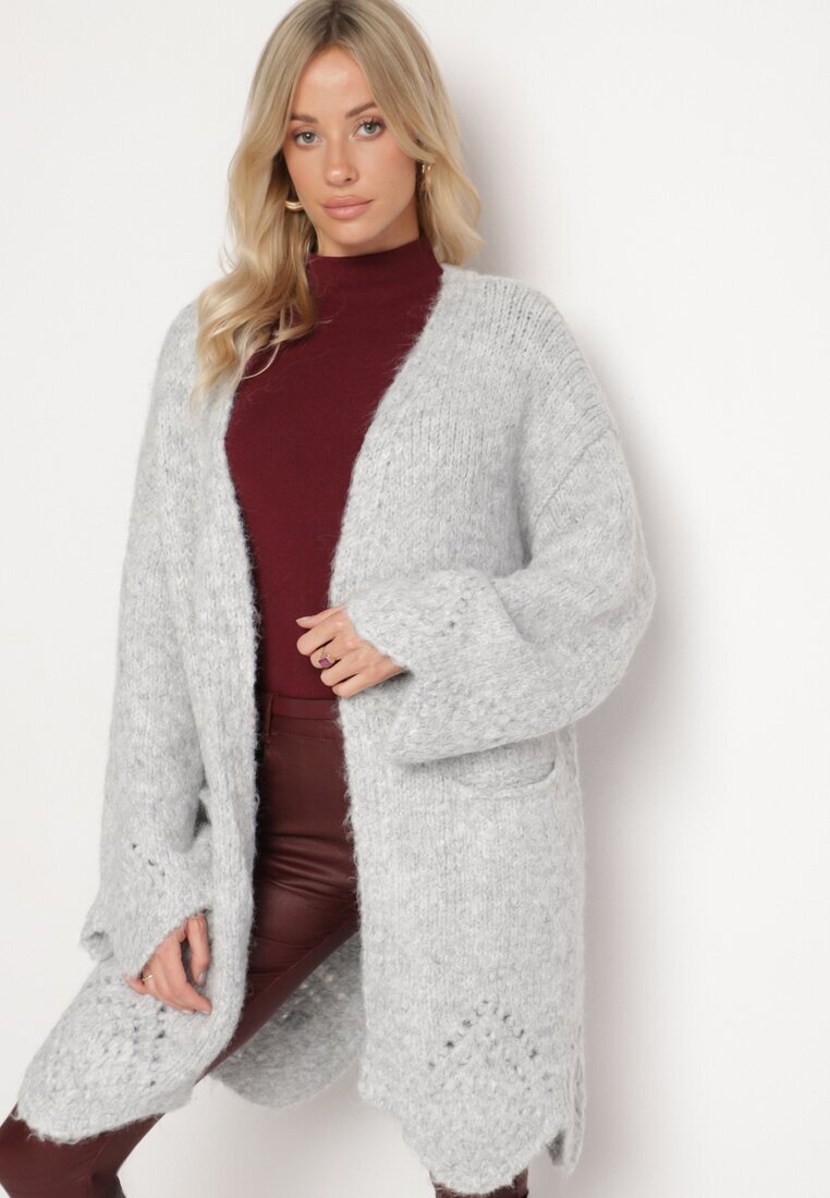 unigirl Cardigan Gri cu Conținut de Lână Decorat cu Model Ajurat și Buzunare Laterale Ellindral