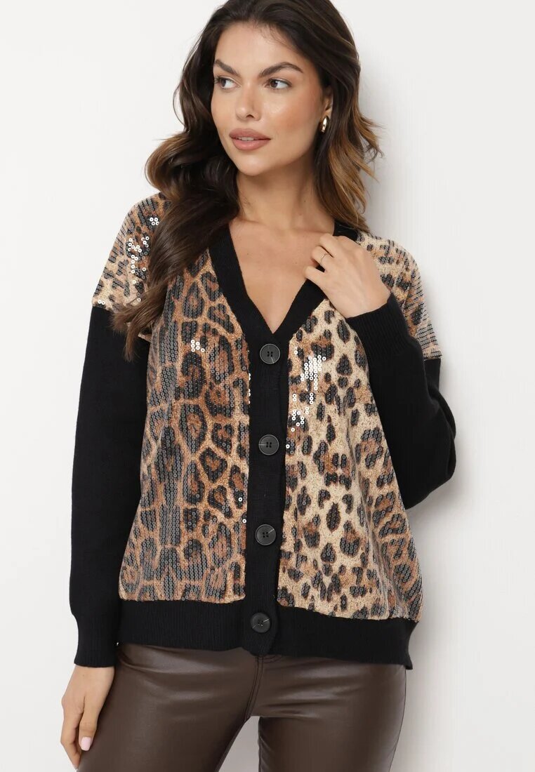 unigirl Cardigan negru-bej cu Viscoză cu Inserții leopard cu Paiete Transparente Attenia