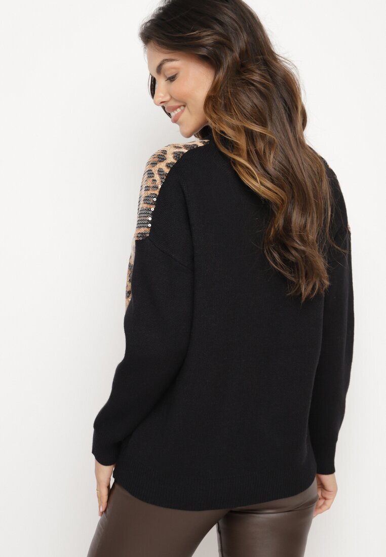 unigirl Cardigan negru-bej cu Viscoză cu Inserții leopard cu Paiete Transparente Attenia