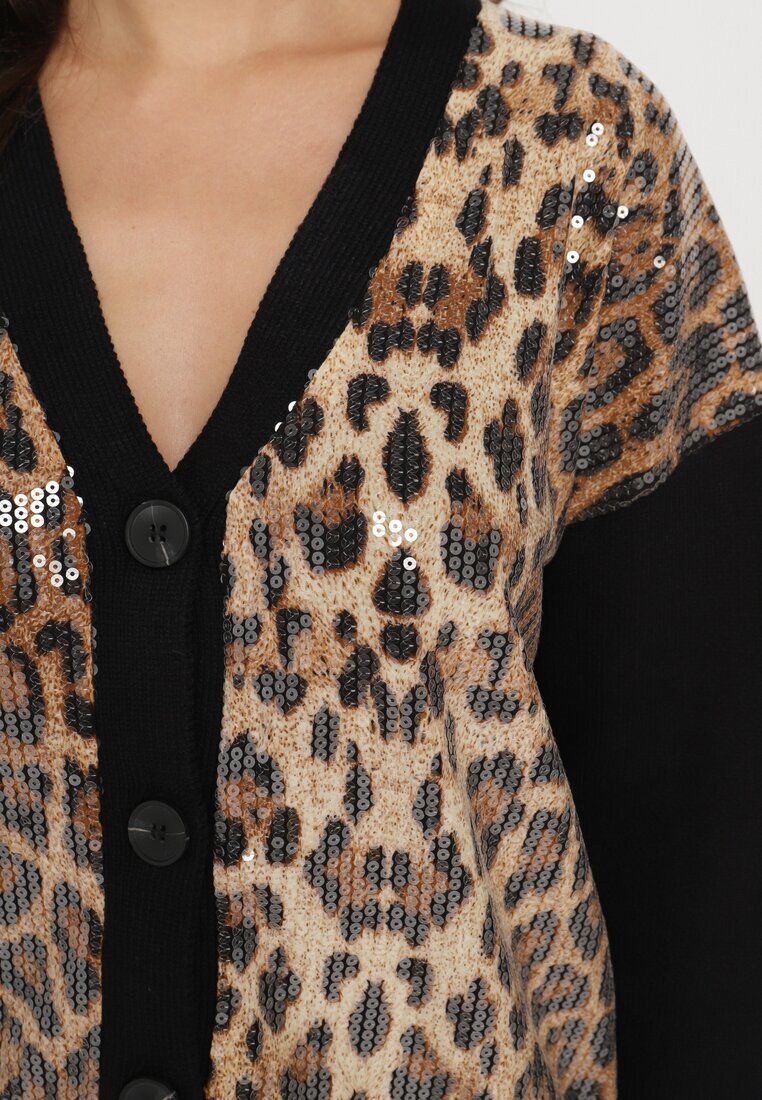 unigirl Cardigan negru-bej cu Viscoză cu Inserții leopard cu Paiete Transparente Attenia